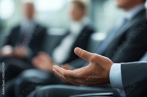 A business leader speaks to an attentive audience in a modern, illuminated ve...