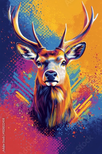 A vibrant deer head against a colorful, abstract background in a modern artis...