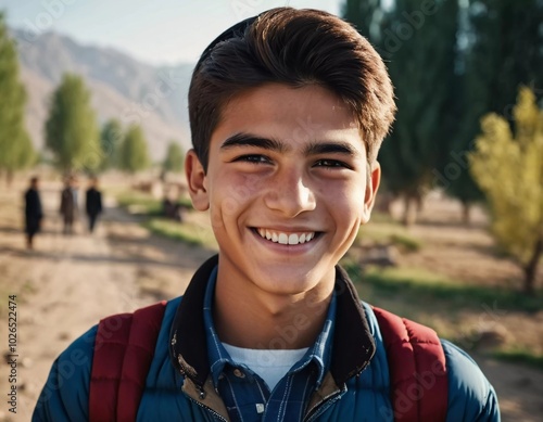 A joyful cute Tajik boy 18 years old beams with happiness as he stands in a picturesque landscape, surrounded by nature beauty during warm, golden hour light. Happy smiling brunette boy. AI generated photo