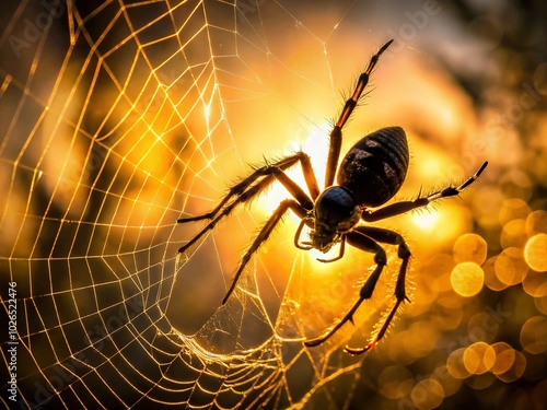 An intriguing silhouette of a spider ensnares its prey in a delicate web, showcasing nature's intricate design and the relentless cycle of life and photo