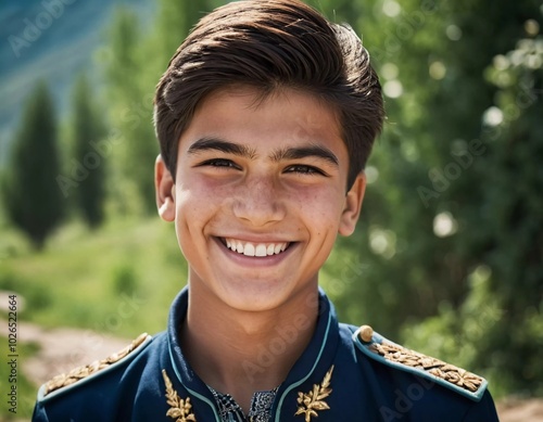 A joyful cute Tajik boy 18 years old beams with happiness as he stands in a picturesque landscape, surrounded by nature beauty during warm, golden hour light. Happy smiling brunette boy. AI generated photo