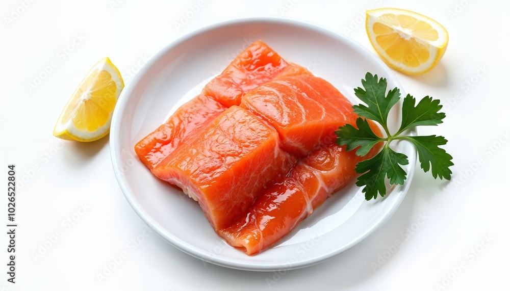 Top view of raw fish in plate near parsley and slices of lemon on white background Top view of raw fish in plate near parsley and slices of lemon on white background