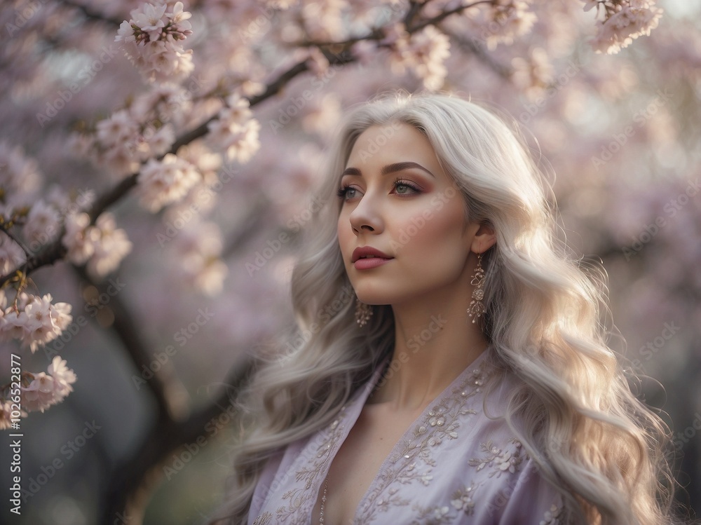 Silver-haired woman in lavender dress under cherry blossoms Silver-haired woman in lavender dress under cherry blossoms