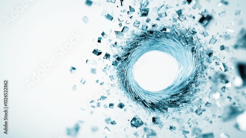 Abstract tornado formed from water and glasses vortex with floating ice particles, white isolated background. photo