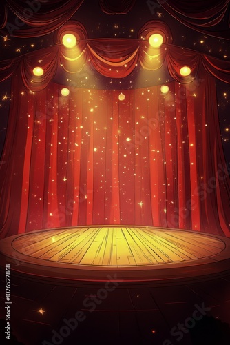 Illuminated stage with red curtains and spotlight in a theatrical setting at ...