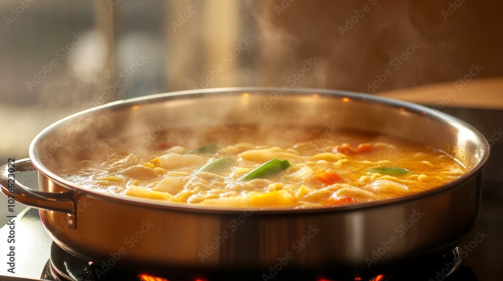 Steaming Hot Soup in a Metal Pan on the Stove Steaming Hot Soup in a Metal Pan on the Stove