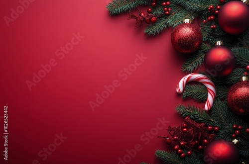Festive Christmas decorations with red ornaments and greenery on a bright red...