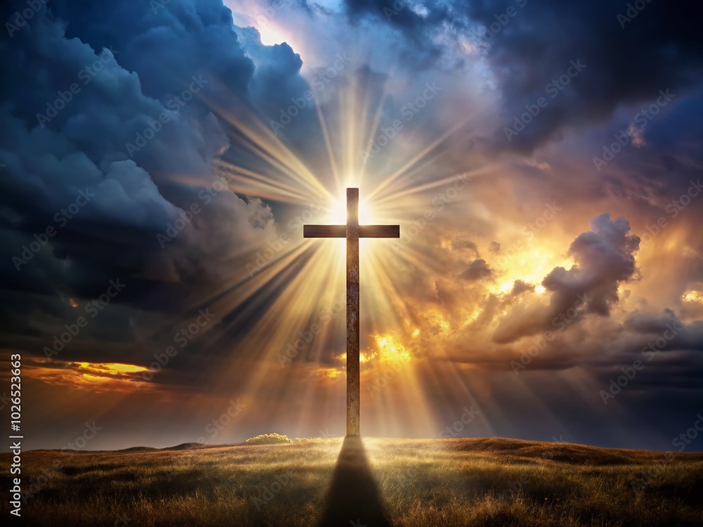 A radiant cross illuminates a dark backdrop, symbolizing hope and faith. This panoramic photo beautifully captures the essence of Christian belief
