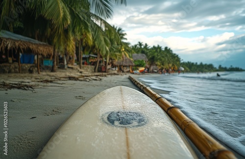 Surfers board rests on the sand at a tranquil beach in the late afternoon light