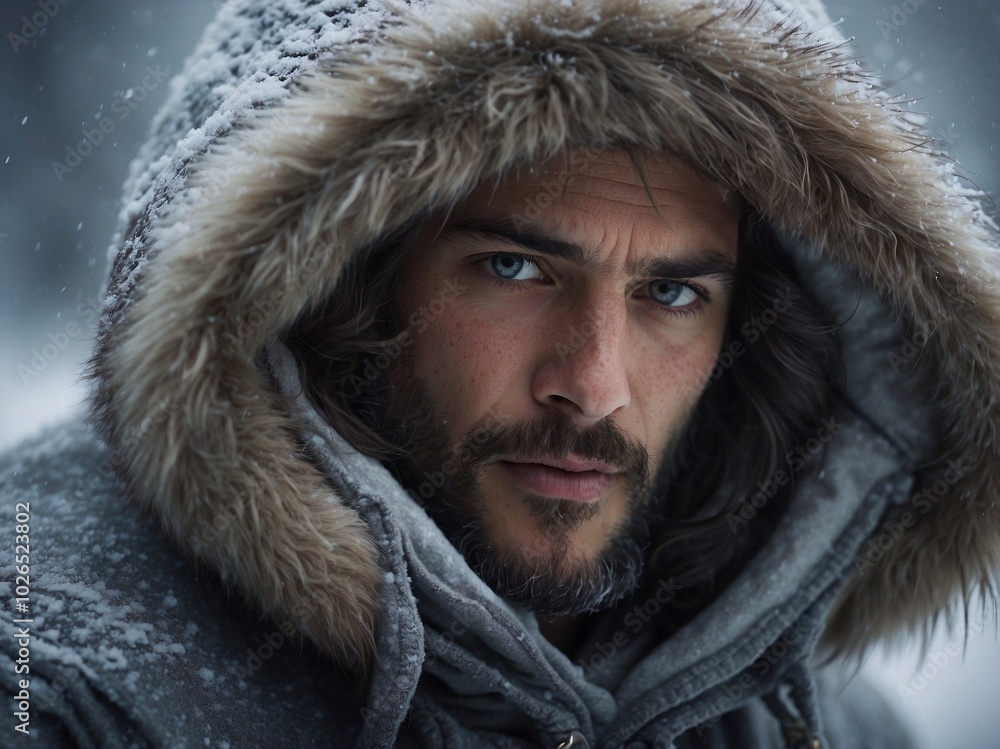 Bearded Man in Fur-Lined Hood During Snowstorm Bearded Man in Fur-Lined Hood During Snowstorm