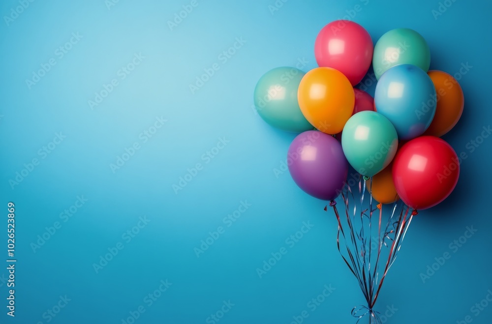 Colorful balloons cluster against a bright blue background for a festive celebration Colorful balloons cluster against a bright blue background for a festive celebration