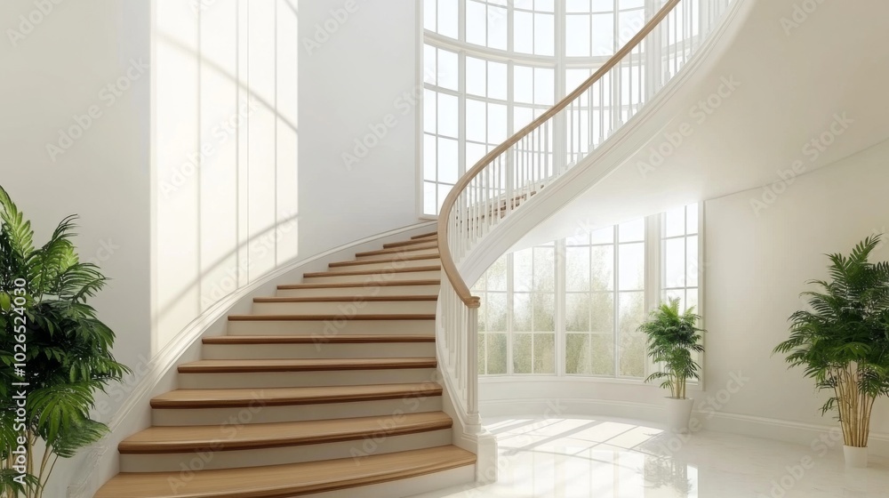 Elegant Curved Staircase in Bright Interior Space Elegant Curved Staircase in Bright Interior Space