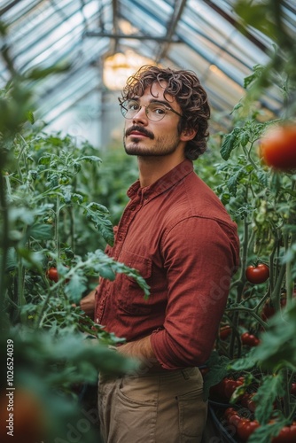 A farmer tending to fresh tomatoes in a greenhouse on a sunny afternoon