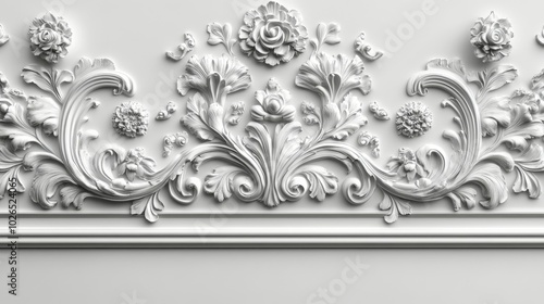 Elegant white wall decor featuring intricate moldings and blank frames in a s...