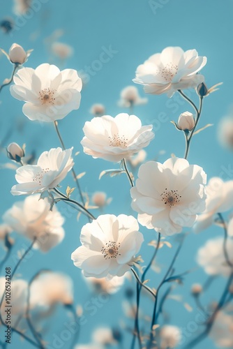 Delicate white flowers bloom against a clear blue sky in springtime garden