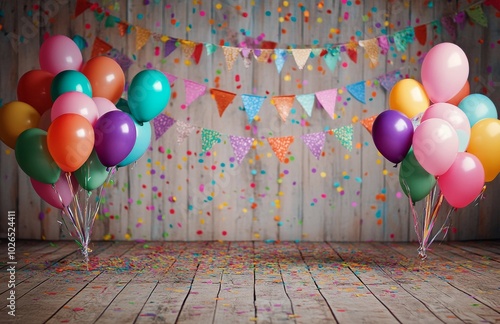 Colorful balloons and confetti decorate a vibrant party space for festive cel...