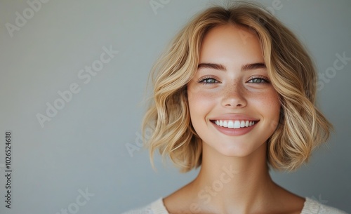 Cheerful young woman with wavy blonde hair smiling warmly against a light bac...