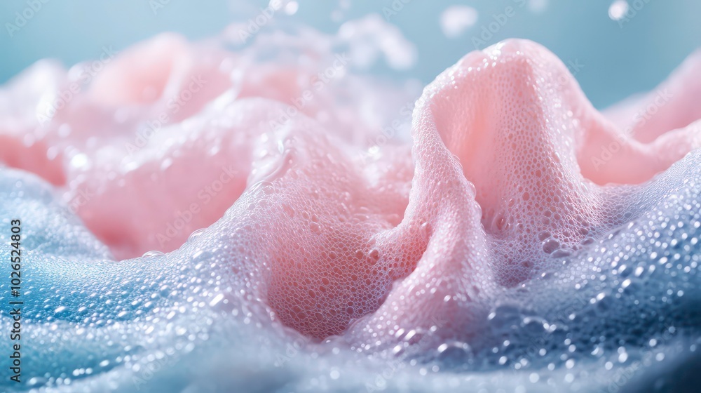 Fototapeta premium Pink fabric in a foamy bath.