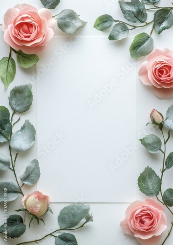 Soft pink roses and green leaves frame a blank space on a light background fo...