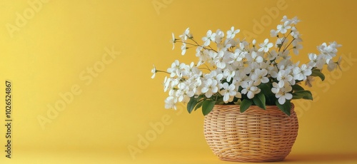 A beautifully arranged basket of white flowers against a vibrant yellow backg...