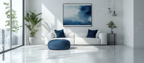 Stylish modern living room featuring a white couch and blue accents in a brig...