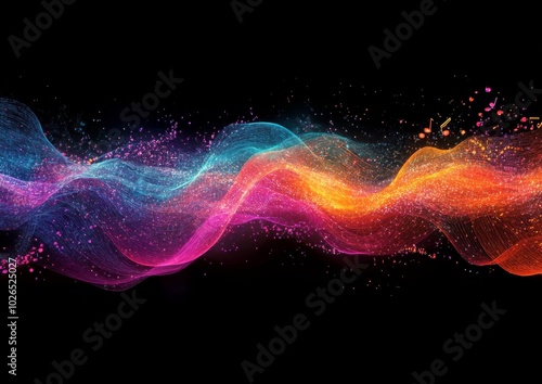 Vibrant sound waves with musical notes illuminating a dark background in a co...
