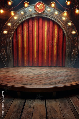 Illuminated stage with red curtains and spotlight in a theatrical setting at ...