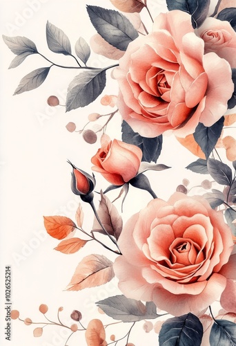 Delicate pink roses intertwined with lush green leaves on a soft, pastel back...