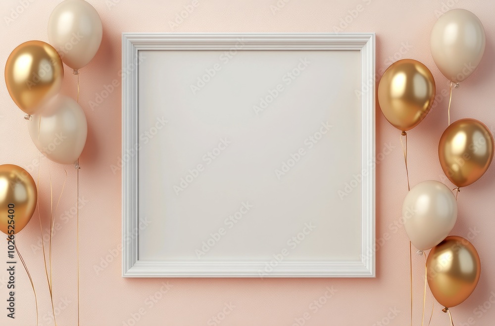 Elegant gold and cream balloons beside a blank frame for a festive celebration backdrop Elegant gold and cream balloons beside a blank frame for a festive celebration backdrop