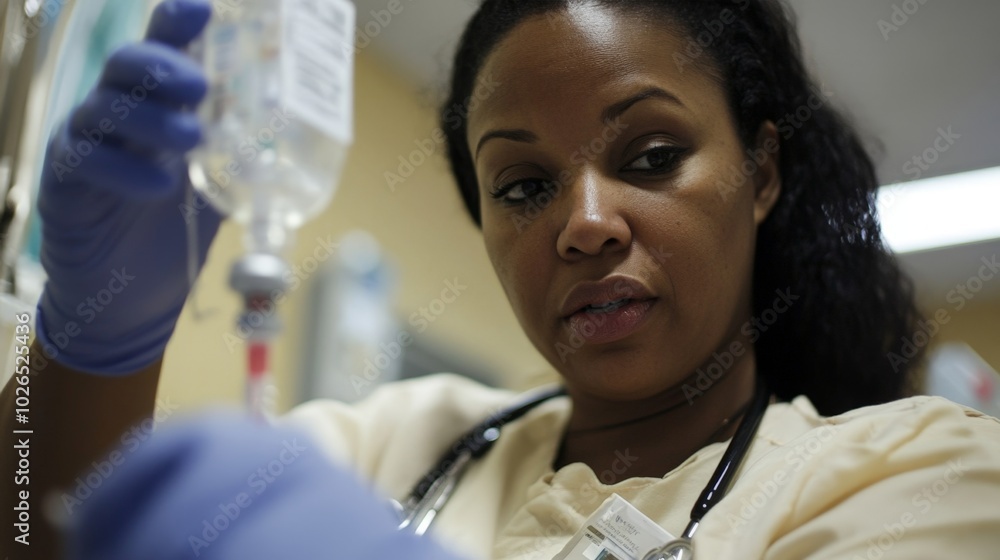Nurse Adjusting IV in Hospital Setting Nurse Adjusting IV in Hospital Setting