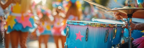Vibrant drum set at a lively parade with performers in colorful costumes on a...