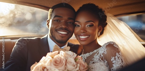A joyful couple celebrates their wedding day inside a vintage car during gold...