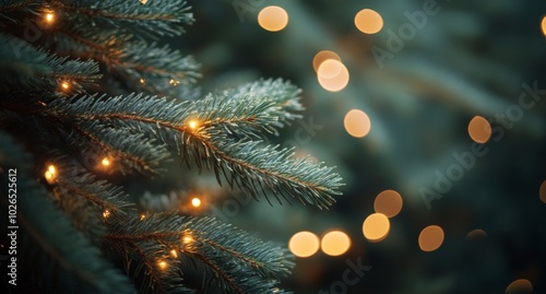 Soft green pine tree branches illuminated by warm lights during the holiday s...