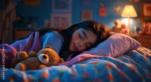 A young girl peacefully sleeps in her cozy bedroom with a teddy bear by her side
