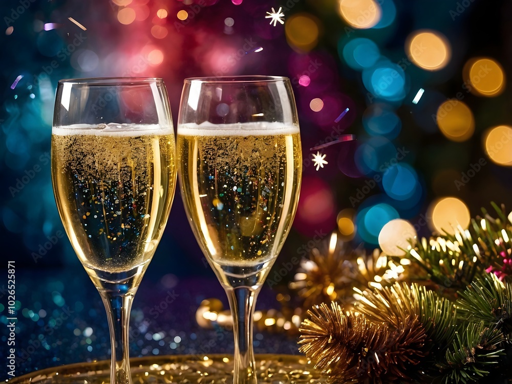 New Year's celebration with champagne and fireworks New Year's celebration with champagne and fireworks
