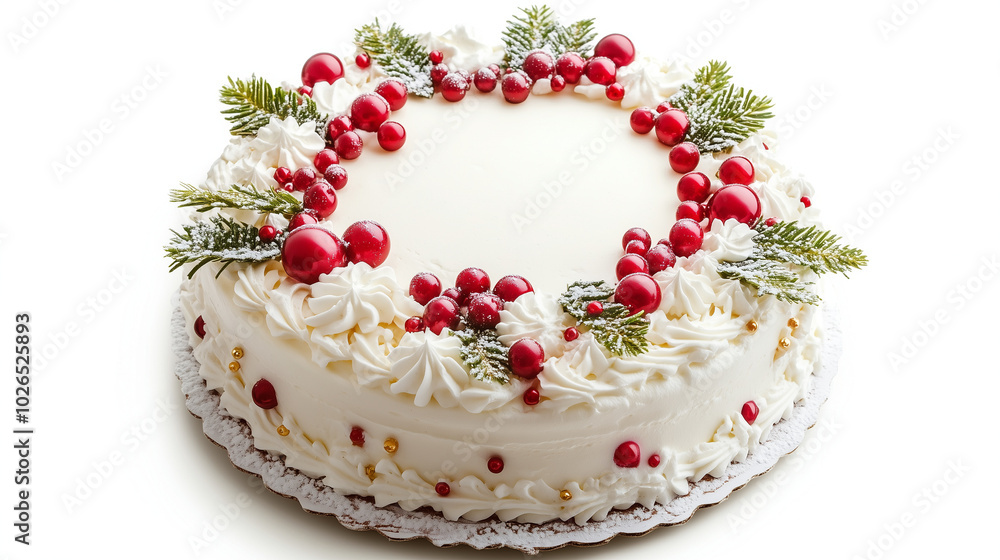 A festive white cake decorated with red berries, pine branches, and cream. The cake is adorned with gold and red decorative elements, creating a Christmas atmosphere A festive white cake decorated with red berries, pine branches, and cream. The cake is adorned with gold and red decorative elements, creating a Christmas atmosphere