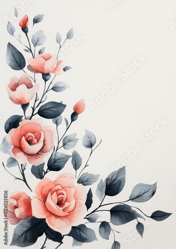 Soft pink roses and green leaves frame a blank space on a light background fo...