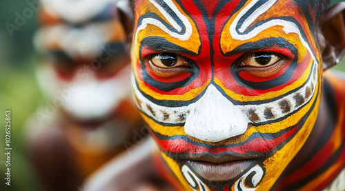 A close-up portrait of a Papua New Guinean adorned with vibrant tribal face paint in yellow, red, and black, wearing a feathered headdress.