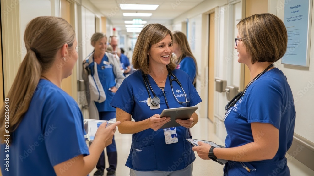 Obraz premium Nurses Engaging in Candid Conversation in Hospital Hallway