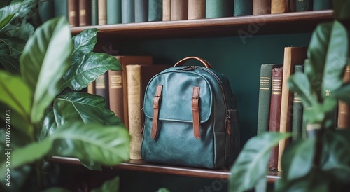 A vintage style backpack placed on a bookshelf surrounded by green plants in ...