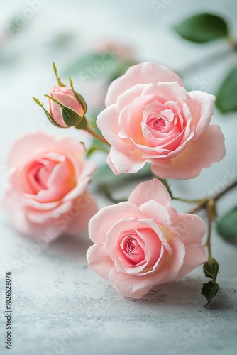 Delicate pink roses blooming gracefully in soft natural light on a pale backg...