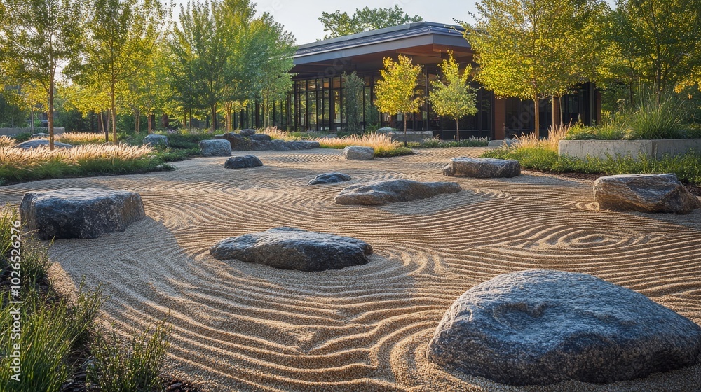 Japanese Rock Garden with Wavy Sand Patterns and Large Stones Japanese Rock Garden with Wavy Sand Patterns and Large Stones