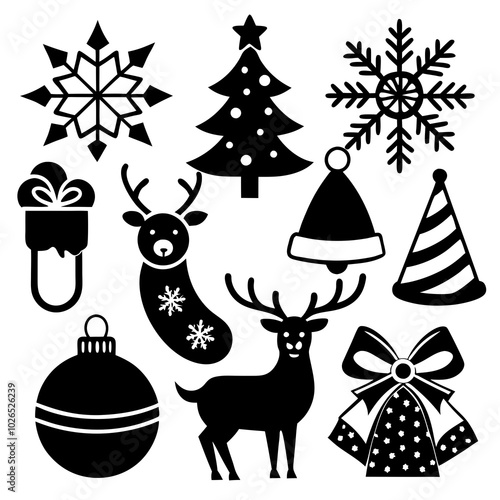 Christmas silhouette, Santa Claus on sleigh, gift boxes, iconic holiday symbol, black and white graphic, simple vector design, festive illustration, curvy ornate lines