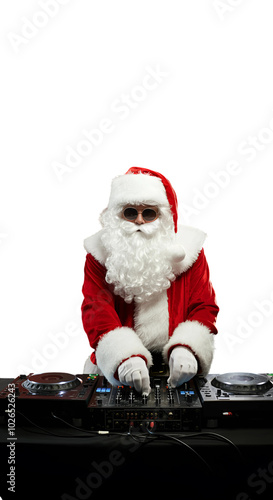 Santa Claus as a DJ in a vibrant party setting, spinning turntables, wearing sunglasses, transparent background. generative ai