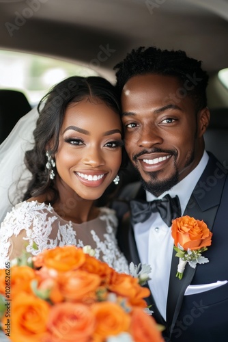 A joyful couple celebrating their wedding day with vibrant orange flowers and...