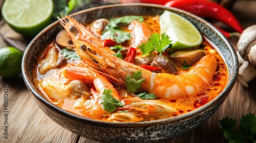 Vibrant Bowl of Spicy Seafood Soup with Cilantro