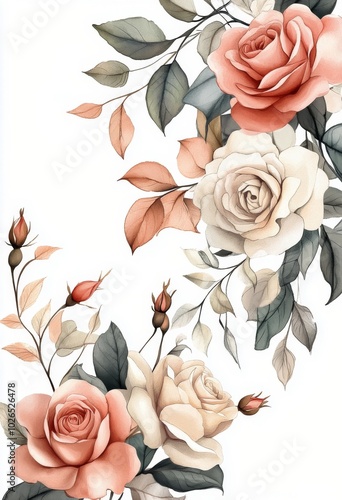 Delicate pink roses intertwined with lush green leaves on a soft, pastel back...