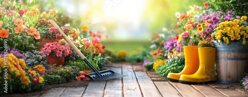 Vibrant flower garden in spring with gardening tools and colorful pots under ...