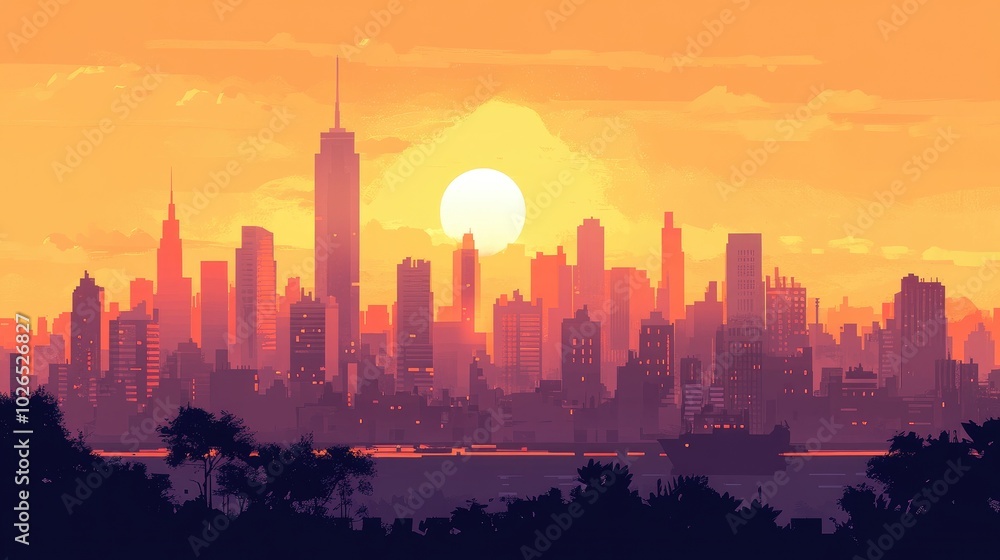 Sunset over City Skyline with Vibrant Colors