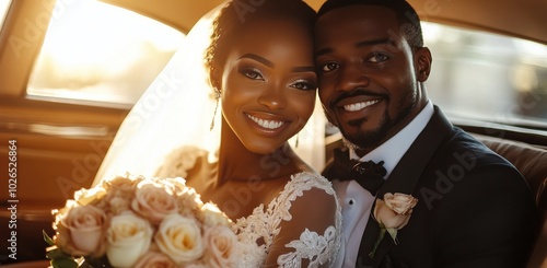 A joyful couple celebrates their wedding day inside a vintage car during gold...